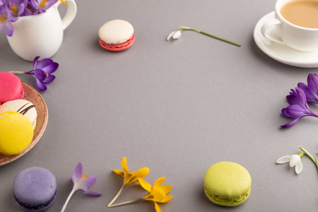 Mockup with spring snowdrop crocus flowers and multicolored macaroons on gray pastel background. Blank, business card, side view, copy space, still life. spring concept.の写真素材