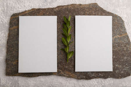 White paper business card, mockup with natural stone and boxwood branch on gray concrete background. Blank, flat lay, top view, still life, canvas, copy space.の写真素材