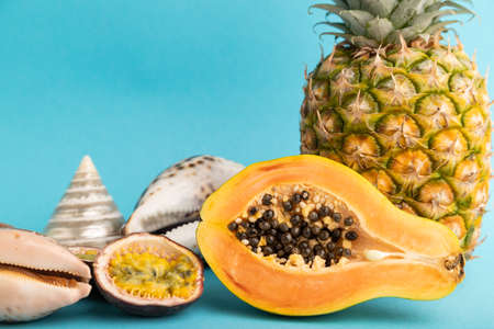 Ripe cut papaya, pineapple, passion fruit, seashells on blue pastel background. Side view, copy space. Tropical, healthy food, vacation, holidays concept.の写真素材
