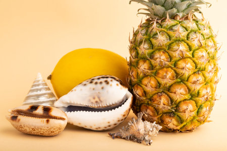 Ripe pineapple, melon, seashells on orange pastel background. Side view, close up. Tropical, healthy food, vacation, holidays concept.の写真素材