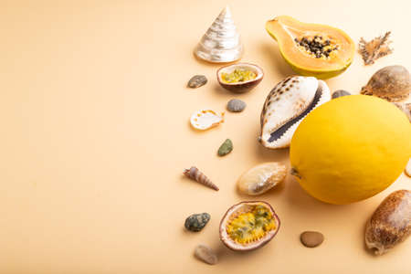 Ripe cut papaya, passion fruit, melon, seashells, pebbles on orange pastel background. Side view, copy space. Tropical, healthy food, vacation, holidays concept.の写真素材