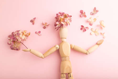 Wooden mannequin holding hydrangea flowers on pink pastel background. close up, isolated, spring, gardening concept.の写真素材