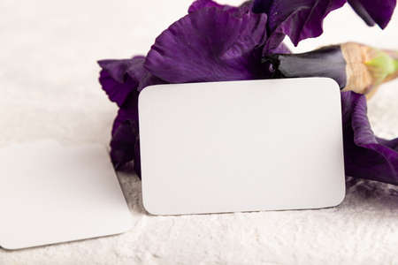 White business card with violet iris flowers on white concrete background. side view, copy space, mockup, template, spring, summer minimalism concept.の写真素材