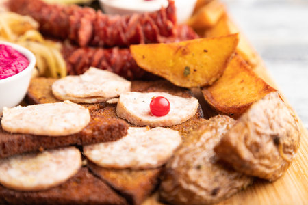 set of snacks: sausages, toast, sauerkraut, marinated onion and cucumber, baked potato on a cutting...