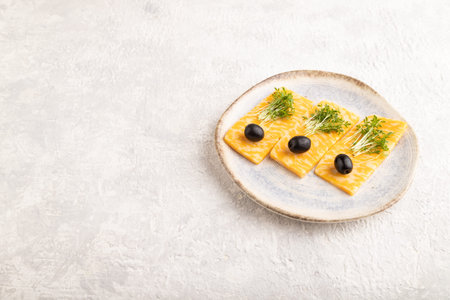 Marble cheese with olives and watercress microgreen on gray concrete background. side view, copy...