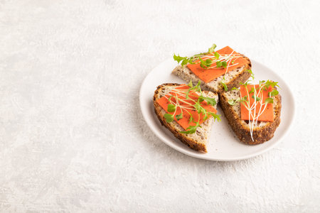 Grain bread sandwiches with red tomato cheese and mizuna cabbage microgreen on gray concrete...