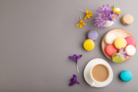 Multicolored macaroons with spring snowdrop crocus flowers and cup of coffee on gray pastel background. top view, flat lay, copy space, still life. Breakfast, morning, spring concept.の写真素材