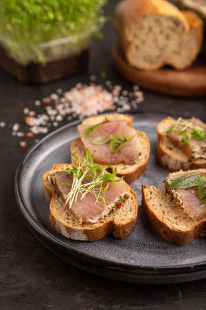 Bread sandwiches with jerky salted meat, sorrel and cilantro microgreen on black concrete background. side view, close up, selective focus.の写真素材