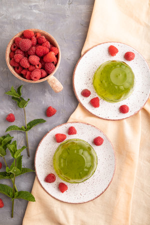 Mint and raspberry green jelly on gray concrete background and orange linen textile. top view, flat lay, close up.の写真素材