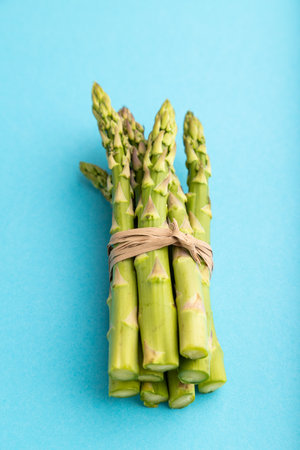 Bunch of fresh green asparagus on blue pastel background. side view, close up. harvest, healthy, vegan food, concept, minimalism.の写真素材