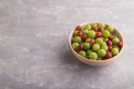 Fresh red and green gooseberry in ceramic bowl on gray concrete background. side view, copy space.の写真素材
