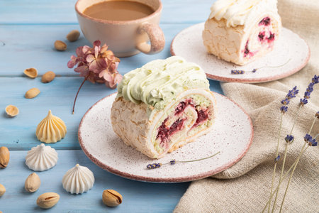 Roll biscuit cake with cream cheese and jam, cup of coffee on blue wooden background and linen textile. side view, close upの写真素材