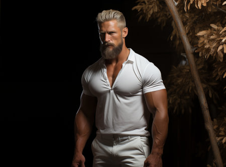 Young beraded caucasian athletic man in a white shirt, on a dark background, copy spaceの素材