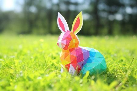 Small papercut rainbow toy rabbit sitting on the green lawn on a summer day against the backdrop of the forest, selective focus, copy spaceの素材