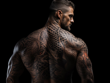 Young caucasian athletic man with abstract tattoo, viewed from the back, on a dark backgroundの素材
