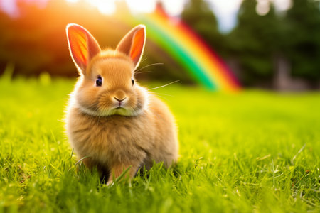 Small decorative rabbit sitting on the ground on the green lawn on a summer day against the backdrop of the forest and rainbowの素材