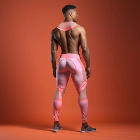 Young african american athletic man in pink sports uniform, viewed from the back, on orange backgroundの素材