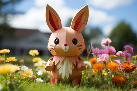 Small papercut rainbow toy rabbit on a summer day against the backdrop of the forest, blue sky, flowers, selective focus, cardの素材