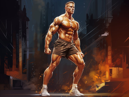 Young caucasian athletic man in a dark athletic shorts, on stylized urban backgroundの素材