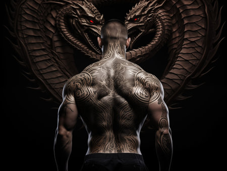 Young caucasian athletic man with abstract tattoo, viewed from the back, on a dark backgroundの素材