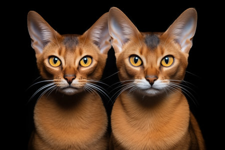 Two Abyssinian breed cats sit next to each other on black background, copy space, portrait.の素材