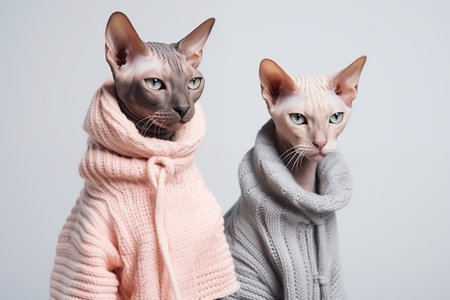 Two Sphynx cats in knitted woolen clothes sit next to each other on a white background, copy spaceの素材