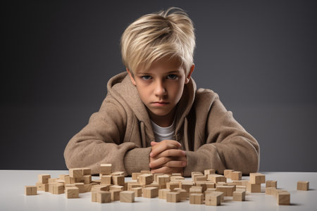 Young Caucasian blond boy with wooden puzzle, child mental health concept, autism spectrum disorder awareness concept, education, on gray background, copy spaceの素材