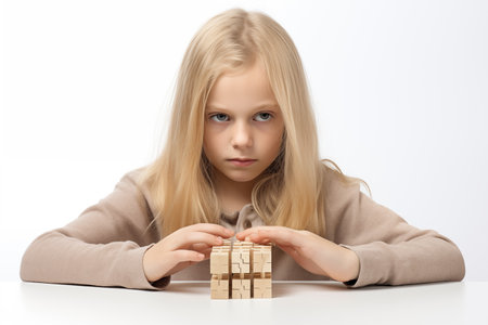 Young Caucasian blond girl with wooden puzzle, child mental health concept, autism spectrum disorder awareness concept, education, on white background, copy spaceの素材