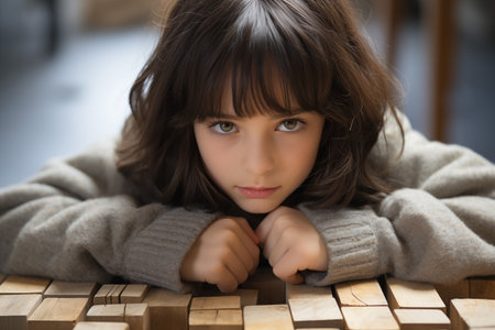 Young Caucasian black haired girl with wooden puzzle, child mental health concept, autism spectrum disorder awareness concept, education, on interior background, copy spaceの素材