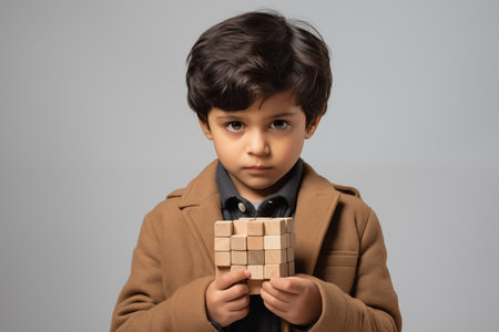 Young Caucasian black haired boy with wooden puzzle, child mental health concept, autism spectrum disorder awareness concept, education, on gray background, copy spaceの素材