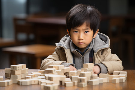 Young Asian boy with wooden puzzle, child mental health concept, autism spectrum disorder awareness concept, education, against the background of the apartment interior, copy spaceの素材