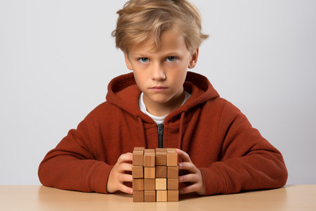 Young Caucasian blond boy with wooden puzzle in red hoodie, child mental health concept, autism spectrum disorder awareness concept, education, interior background, copy spaceの素材