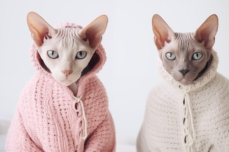 Two Sphynx cats in knitted woolen clothes sit next to each other on a white background, copy spaceの素材