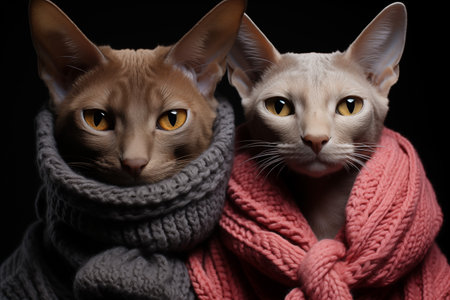 Two Sphynx cats in knitted woolen clothes sit next to each other on black background, copy spaceの素材