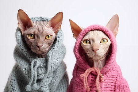 Two Sphynx cats in knitted woolen clothes sit next to each other on a white background, copy spaceの素材