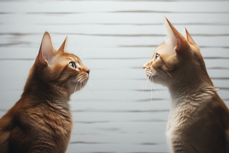 Two Abyssinian breed cats look at each other on a white background, copy space, portrait.の素材