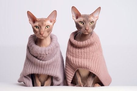 Two Sphynx cats in knitted woolen clothes sit next to each other on a white background, copy spaceの素材