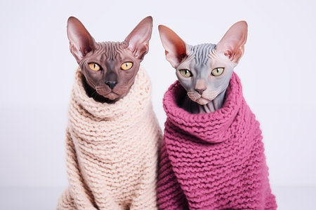 Two Sphynx cats in knitted woolen clothes sit next to each other on a white background, copy spaceの素材