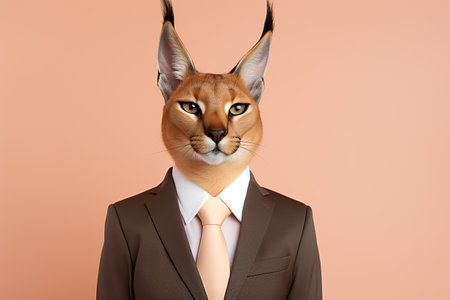 Caracal cat in black business suit on dark pink background, portrait, minimalismの素材