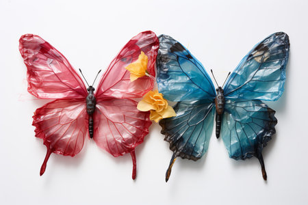 pair of Butterflies consisting of household garbage on a white background, theme of ecology and waste recycling, copy space, sunlightの素材
