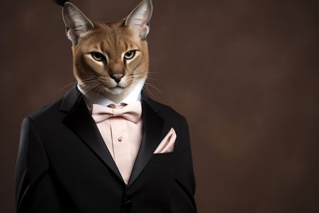 Caracal cat in black business suit on dark brown background, portrait, minimalismの素材