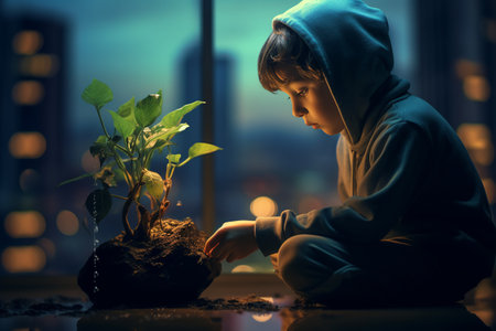 Little caucasian boy looks with interest at a small luminescent plant growing on high-tech city background, ecology, biology, future, artificial ecosystemの素材