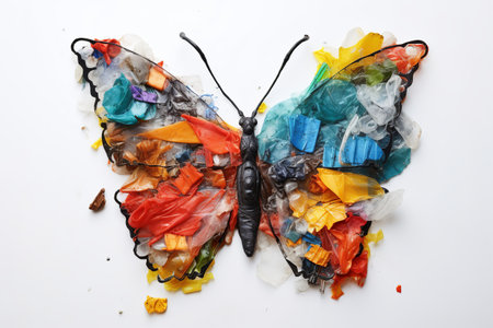 Butterfly consisting of household garbage on a white background, theme of ecology and waste recycling, copy space, sunlightの素材