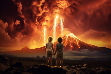 Two children boy and girl holding hands and looking at an erupting volcano with smoke and lava, Apocalypse concept, natural disaster, gloomy sky with clouds and lightningの素材
