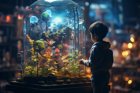 Little caucasian boy looks with interest at a small luminescent plant growing in glass on high-tech night city background, ecology, biology, future, artificial ecosystemの素材