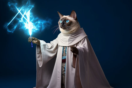 Siamese wizard cat in white robe cast a spell, studio photography, copy space, cat stands on a light blue colored background. Esoteric, mystial conceptの素材