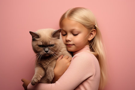 Long haired blond beautiful caucasian little girl hugging Siamese cat on pink background. studio, glamorの素材