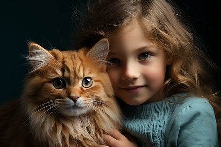 Golden haired beautiful caucasian little girl hugging fluffy ginger cat on dark background. studio, glamorの素材
