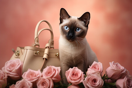 Cute Siamese cat with a bouquet of flowers and bag on a light peach colored background. portrait, minimalism, studioの素材