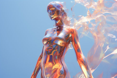 Young woman in a futuristic suit made of fluid, plastic, tight-fitting material, colored whirlwind, rainbow colors, gradient, futuristic science, blue sky background, virtual realityの素材